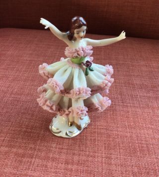 Exquisite Dresden Lace Dressed Girl Porcelain Figure