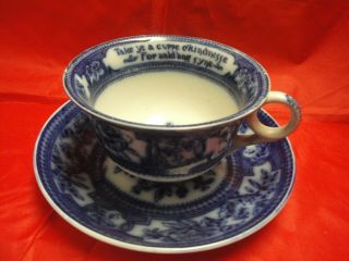Large Antique Flo Blue Cup And Saucer With Saying