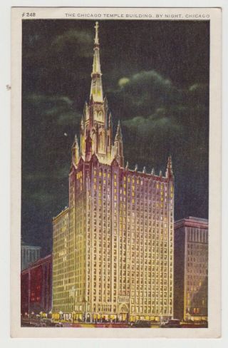 Vintage Postcard The Chicago Temple Building At Night