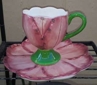 Vintage Teleflora Pink And Green Rose Petal Flower Tea Cup & Saucer Spring Decor