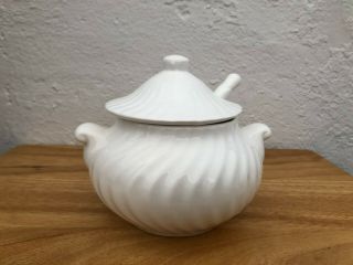 Vintage White Swirl Soup Tureen Bowl With Handles & Ladle & Lid Ceramic