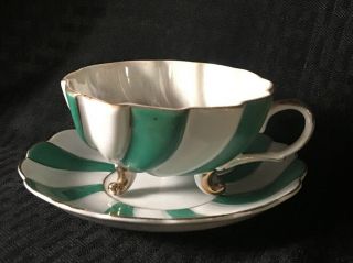 Vintage Japan Bone China Lusterware Tea Cup And Saucer Green White Swirl