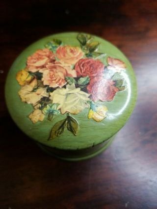 Vintage Folk Art Hand Carved Trinket Round Box Wooden Hand Painted Flowers Art