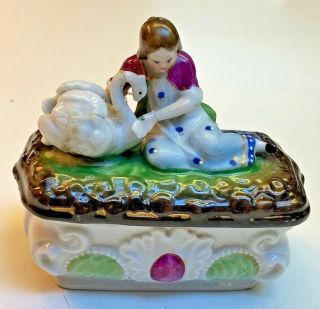 Antique Hand Painted Porcelain " Fairing " Trinket Box Girl With Swan