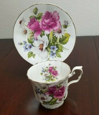 Elizabethan Pink Roses & Daisies - Cup & Saucer - Gold Gilded Fine Bone China