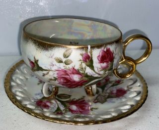 Vintage Royal Sealy China Footed Tea Cup Saucer Gorgeous Rosebud