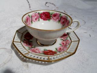 Schumann Arzberg Germany Melrose Footed Tea Cup Reticulated Saucer Roses