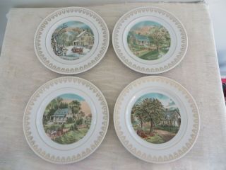 Vintage Set Of 4 Currier And Ives Plates Four Seasons W/ Wall Hanger On Back