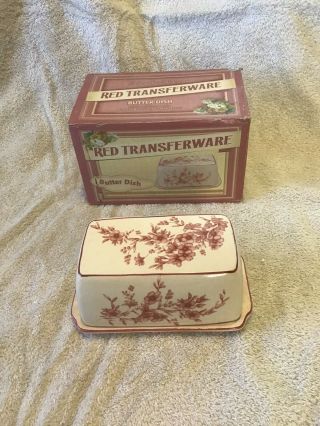 Vintage Red Transferware Butter Dish With Cover
