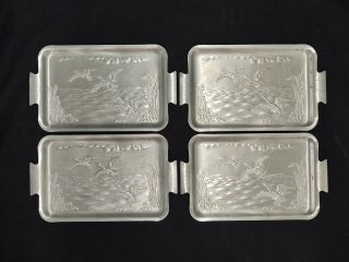 Vintage Set Of 4 Flying Geese Ducks Aluminum Snack Trays 7.  25 " Long X 4.  25 " Wide