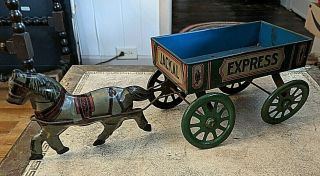Antique Vtg 1909 Chein Pony Cart Jackal Express 13 " Tin Litho Horse And Wagon