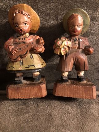 2 Vintage Wood Hand Carved Figures Children With Guitar & Flowers