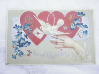 Vintage Valentines Day Post Card With Dove,  Post Marked 1910