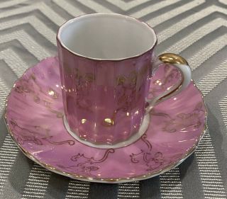 Vintage Porcelain Miniature Pink Tea Cup & Saucer Set Hand Painted Gold Trim