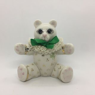 Vintage Irish Dresden Lace Bear Figurine Green Bow Ireland Porcelain