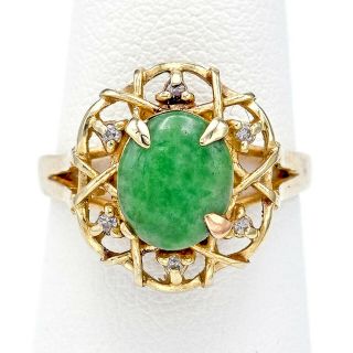 Vintage 14k Yellow Gold Green Jade & Diamond Band Ring 4.  3 Grams Size 6