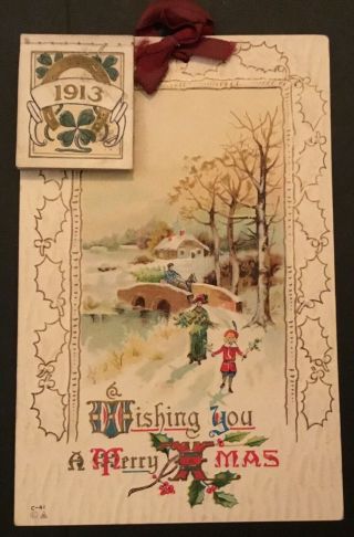 1912 Vintage Christmas Postcard W/attached Mini 1913 Calendar Unposted