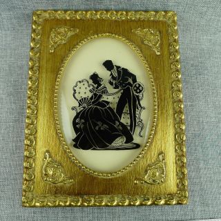 Reverse Silhouette Framed Picture Courting Couple Convex Oval Glass Vintage