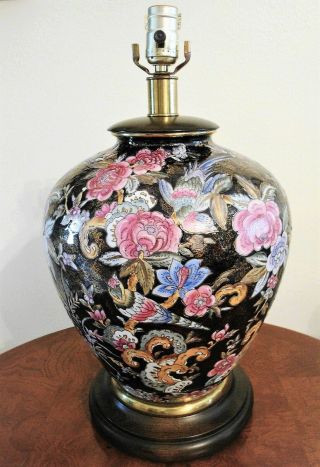 Vintage Frederick Cooper Hand - Painted Porcelain Ginger Jar Lamp Black Floral 3 - W