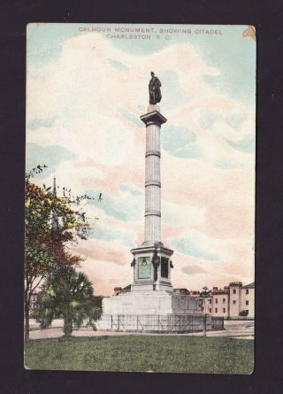 Old Vintage Postcard Of Calhoun Monument Showing Citadel Charleston Sc