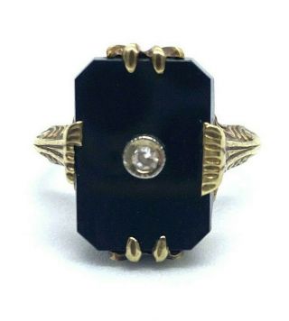 Vintage Ladies 14k Gold Filigree Art Deco Ring W/ Onyx & Diamond Ring Size 4.  25
