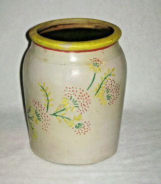 Antique 19th C.  Stoneware Food Crock Hand Painted Flowers
