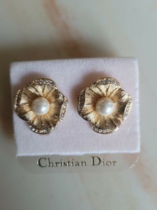 Vintage Signed C Dior 14k Gold Plated Clip - On Earrings W/ Austrian Crystal 10