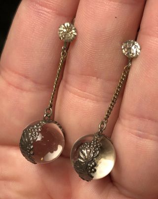 Antique Art Deco Sterling Silver Pools Of Light Rock Crystal Orb Dangle Earrings