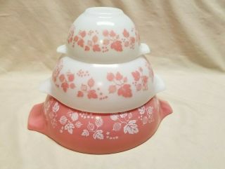 3 Vintage Pyrex Pink Gooseberry Cinderella Nesting Mixing Bowls 