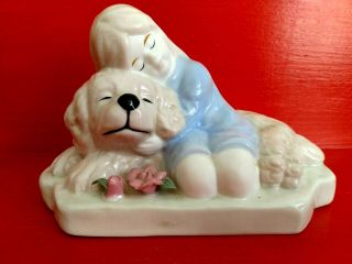Vintage Porcelain Figurine Girl With The Dog And Flowers