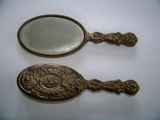 Vintage Antique Vanity Ornate Handheld Beveled Mirror & Brush Set