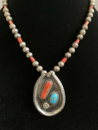 Vtg Navajo Turquoise Coral Pendant Sterling Silver And Coral Beads Necklace