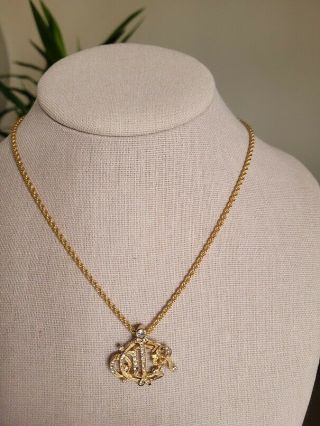 Vintage Dior 14k Gold Plated Necklace W/ Emblem Logo And Austrian Crystal 3