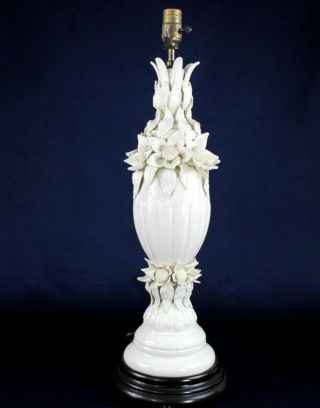 Vintage Porcelain White Majolica Pottery Table Lamp With Applied Leaves Flowers