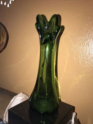 Art Glass Pretty Dark Green 5 Finger Glass Stretch Swung Vase Hand Blown 10”