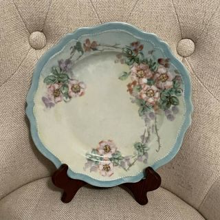 Vintage O&eg Royal Austria Porcelain Floral Scalloped Beaded Dinner Plate Blue