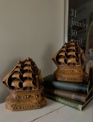 Pair Ship Book Ends Bookends Old Ironsides Vintage