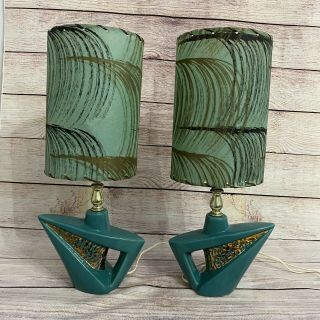 Vtg Mcm Atomic Boomerang Lamp Pair Turquoise Gold Ceramic W/fiberglass Shades