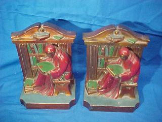 1920s Ronson Bronze Clad Monk,  Library Books Figural Bookends W Orig Paint