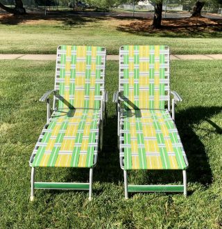 2 Aluminum Webbed Yellow/green Folding Lawn Patio Chair Chaise Lounge Vintage