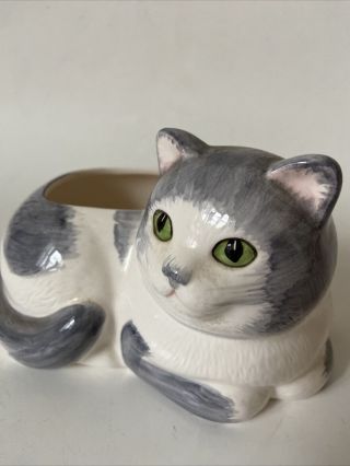 Vintage Ceramic White And Gray Cat Planter With Green Eyes Hand Painted