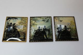 3 Vintage Reverse Painted Silhouette Convex Bubble Glass Framed Pictures 4 " X 5 "