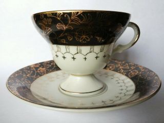 Vintage Norleans Japan Black Gold Floral Footed Tea Cup & Saucer