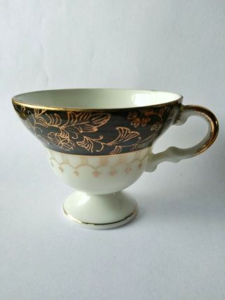 Vintage Norleans Japan Black Gold Floral Footed Tea Cup & Saucer 3