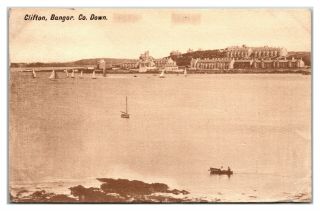 Clifton Bangor Ireland Sailboats Housing Bay Ocean Water Vintage Postcard