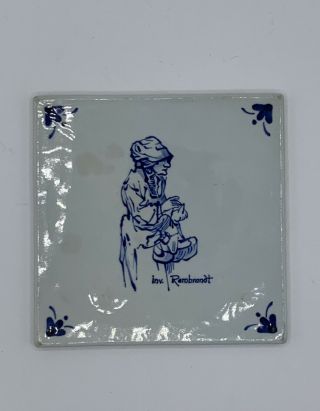 Antique Blue And White Delft Tile Hand Painted (inv.  Remdbrandt) 5” X 5”