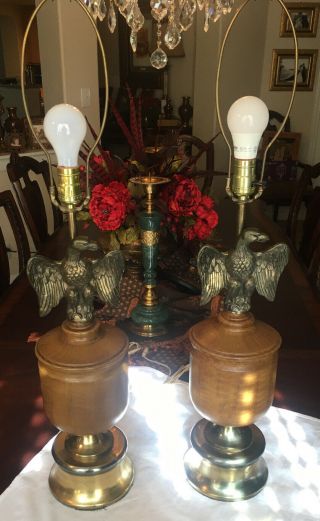 Pair Antique / Vintage Brass Eagle Table Lamps Work Metal Large Federal Style