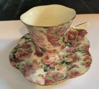 Butterfly Handle Cup And Saucer Pink Rose Chintz Demitasse Vintage Fleabite Chip