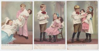 3 Vintage Raphael Tuck " Little Men & Women Series Kiss Dolly Married Life 1908