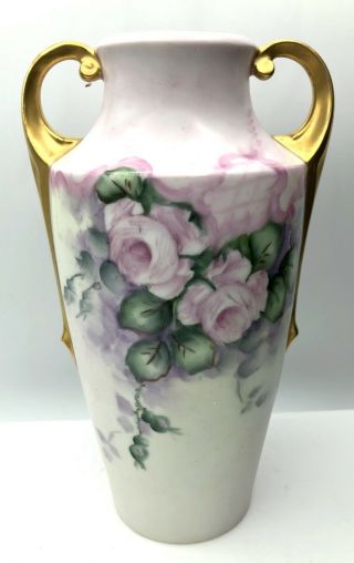 G.  Rusch Signed Antique Vintage Austria Vase Hand - Painted Roses Flowers 8” Tall